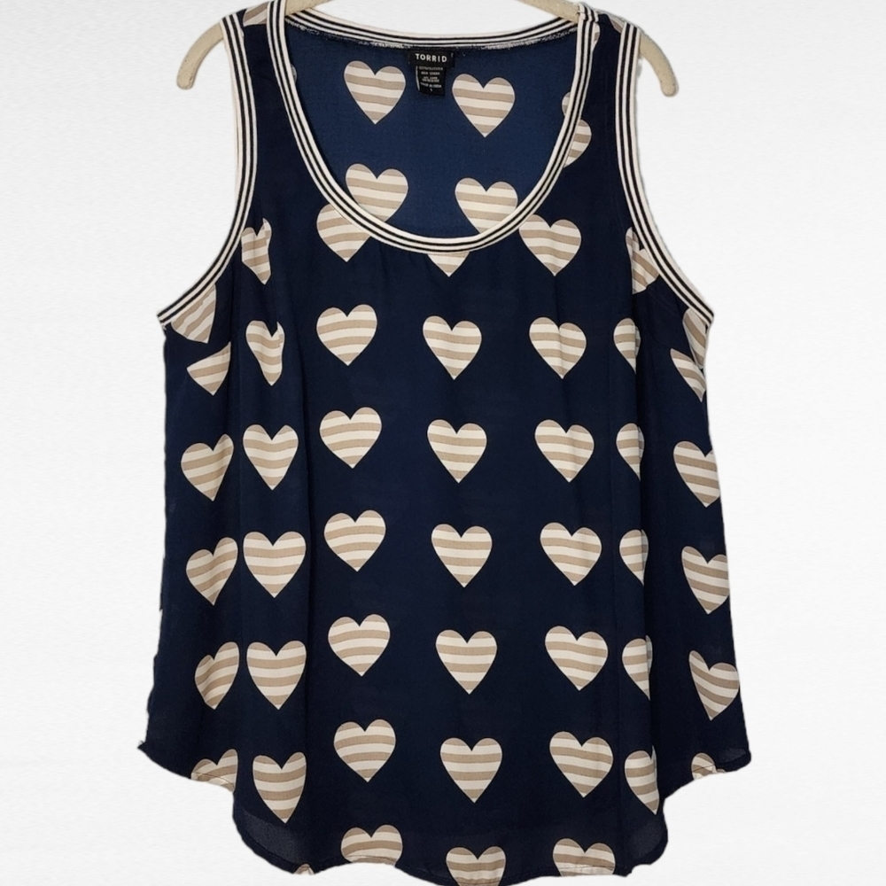 Torrid Blue Tank w/ Tan & White Heart Pattern Flowy Top Size 1 / 1x
